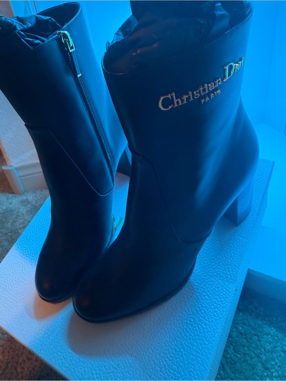 Dior Black Leather Mid-Calf Boots with Gold Logo